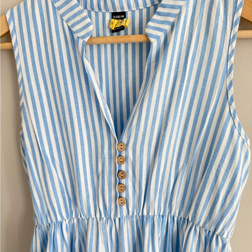 SHEIN Breezaya Striped Print Notched Neck A-Line Dress Blue White 4 - Picture 8 of 12